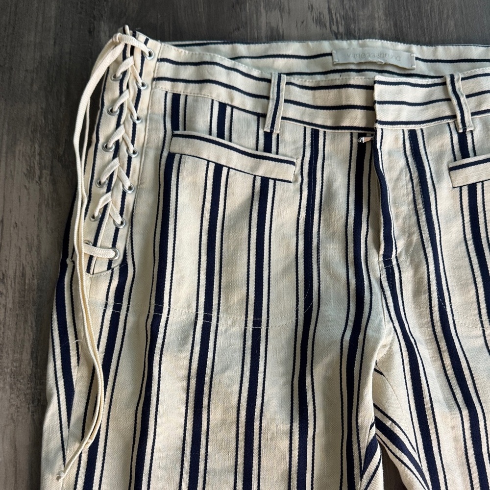 Vanessa Bruno Cream and Navy Striped Straight Leg Pants With Lace Up Side Detail - Picture 6 of 8